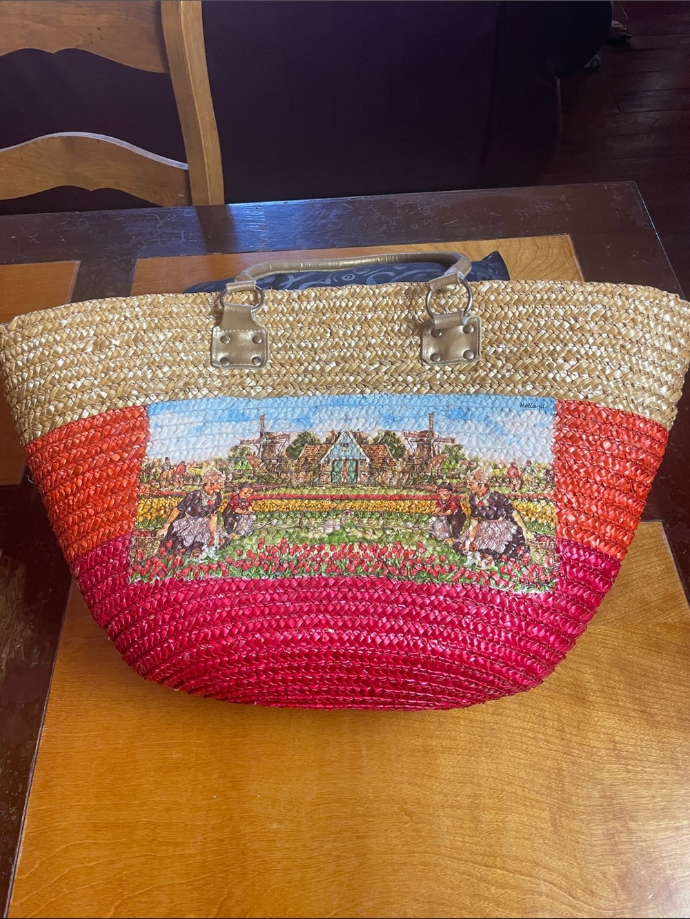 Woven Straw Tote Bag with Red Ombre and Tulip Scene. Purchased in Holland.
